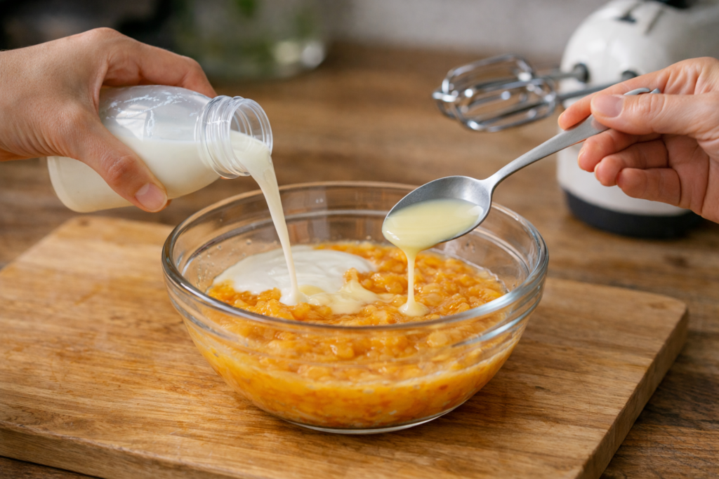Смешивание персикового пюре с йогуртом и сгущёнкой