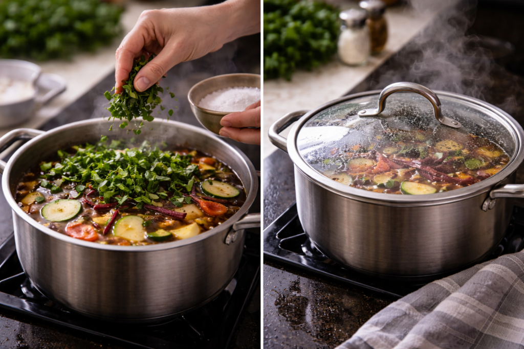 борщ со свекольной ботвой и кабачками - настаивание